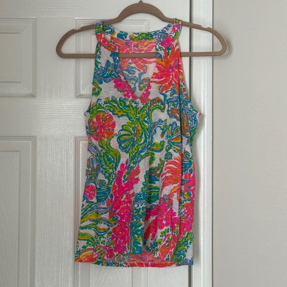 Lilly Pulitzer  Arya Tank Top Pink Green Palm Leaves Size Small S Tropical - Picture 1 of 7